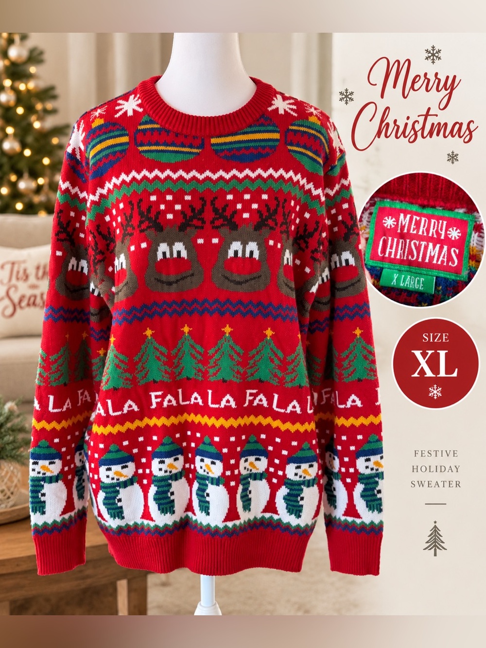 Christmas Ugly Sweater Reindeer Snowman Fa La La Adult XL Red